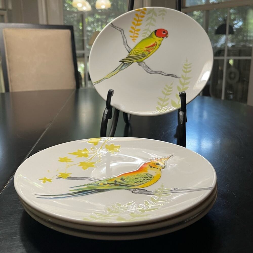 NEW Grace Anthropologie Set 4 Ceramic Parakeet Bird Salad Sandwich Dessert Pl…